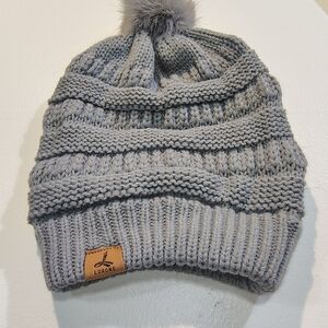 Women's Gray Knit Hat with Pom Pom
